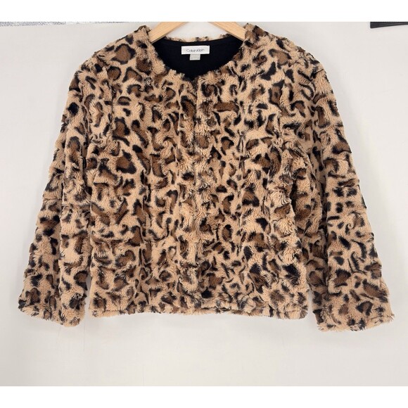 Calvin Klein Leopard Faux Fur Jacket Brown Black Animal Print Women’s Size M - Picture 9 of 10